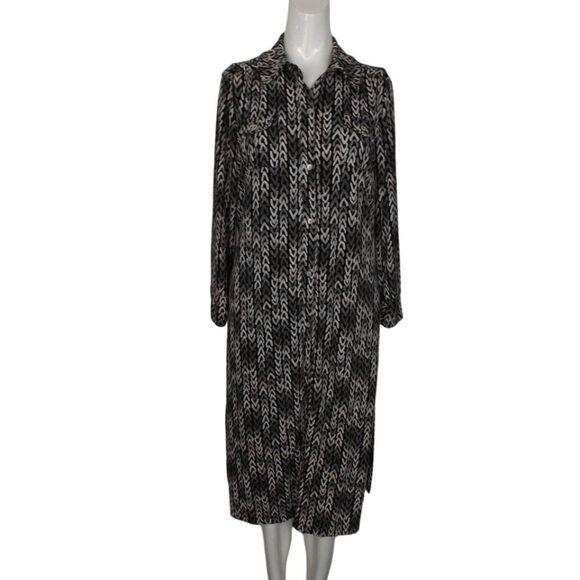 SIGRID OLSEN Shirt Dress, L, Black/Gray, Chevron Stripes, Breast pockets - Picture 10 of 13